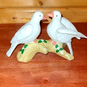 Vintage PR Lovebirds Doves Sea Gulls or Pigeons on Driftwood Branch with Flowers